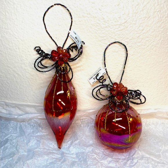 Vintage Christmas Glass Ornaments Red Teardrop Round W Beads Decor Set of 2 NWT - Picture 15 of 15